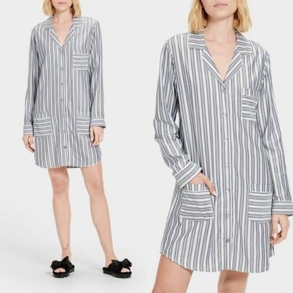 UGG Laura Striped Patch Pocket Nightshirt Size XS Long Sleeve Cotton Blend